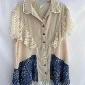 POL Bohemian Lacy White Blue Patchwork Dress Tunic Top NWOT Women's Size Large
